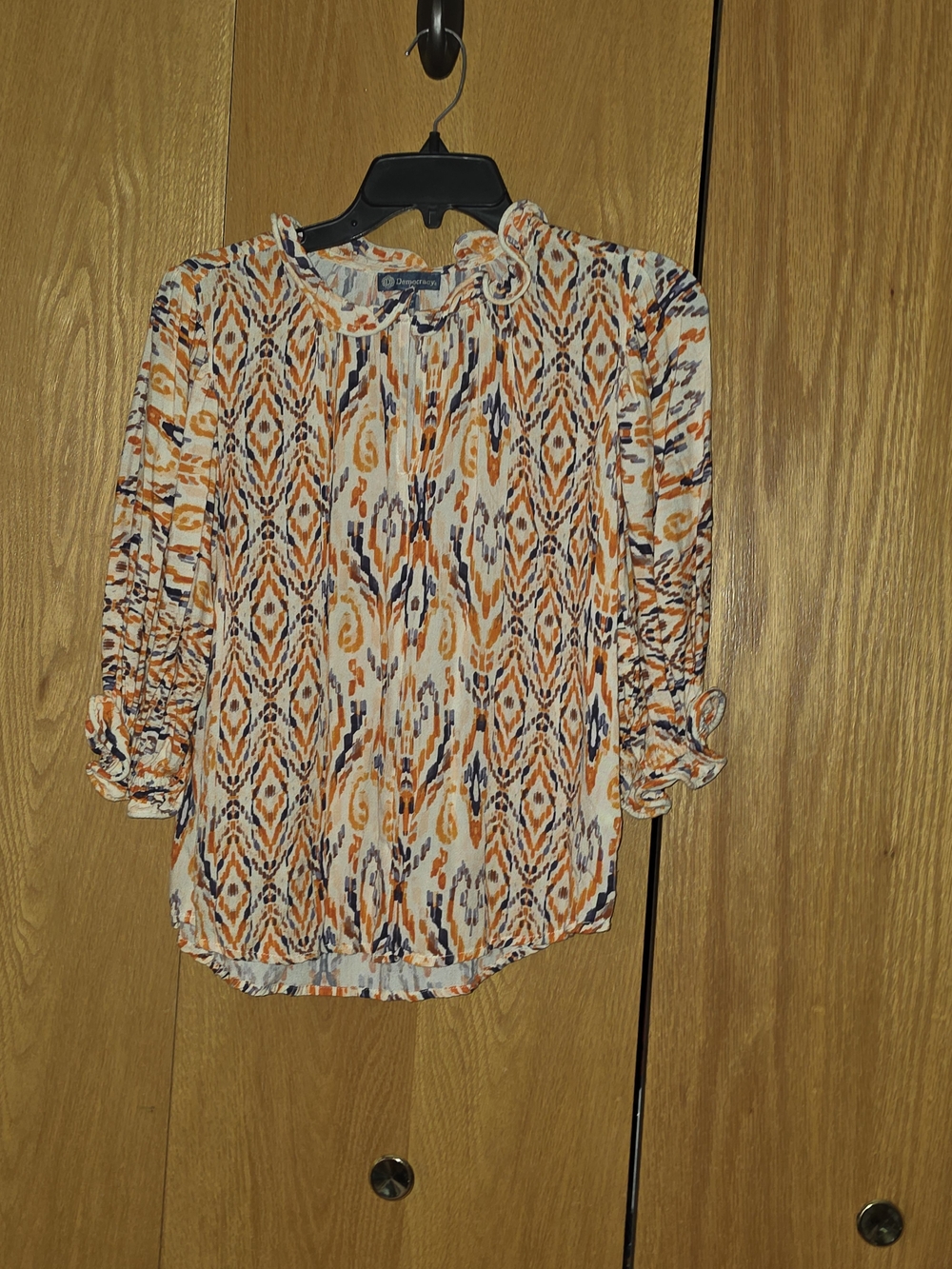Democracy Orange Navy Cream Ikat Peasant Blouse Small $25 EUC